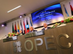 Iraq's Minister of Oil and President of the Organization of the Petroleum Exporting Countries (OPEC) conference, Abdul-Kareem Luaibi Bahedh (2R) and OPEC Secretary General Abdalla Salem El-Badri (R) attend a press conference at the end of the 161st meeting of the OPEC in Vienna, on June 14, 2012. OPEC decided to leave its oil output ceiling unchanged, Algerian Energy and Mines Minister Youcef Yousfi said after the key meeting in Vienna. AFP PHOTO / ALEXANDER KLEIN (Photo credit should read ALEXANDER KLEIN/AFP/GettyImages)